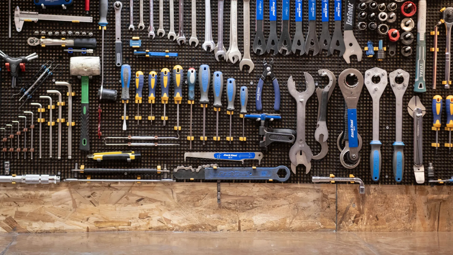 A Pegboard of tools in a workshop
